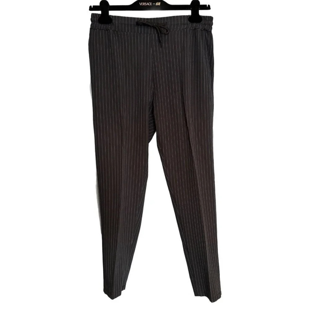 Made In Italy Black Pinstripe Elastic Waist Drawstring Pleated Pants No Size Tag